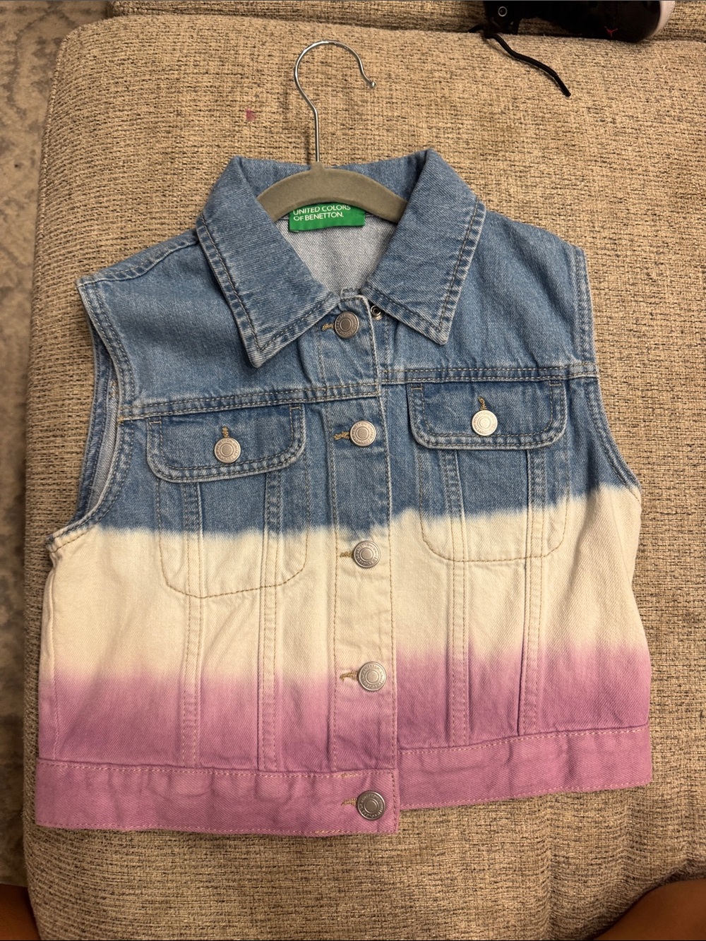 United Colors Of Benetton Blue White Pink Ombre Denim Vest.